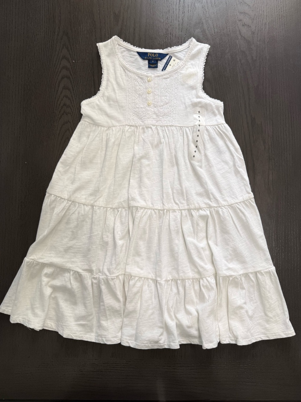 Polo Ralph Lauren Girls Lace Trim Tiered White Dress‎ Size 6